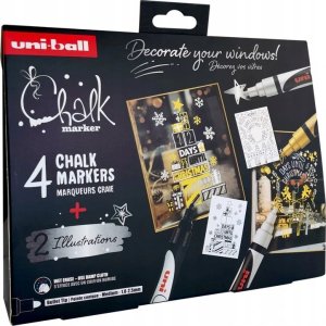 Usorteret Uni Kreidemarker-Set Święta mit 4-tlg. PWE-5M (Kolory Biały, Czarny, Złoty, Srebrny) + 2 arkusze ilustracyjne 3
