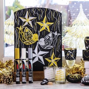 Usorteret Uni Kreidemarker-Set Święta mit 4-tlg. PWE-5M (Kolory Biały, Czarny, Złoty, Srebrny) + 2 arkusze ilustracyjne 5