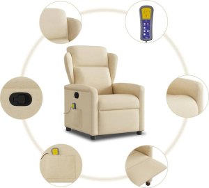 vidaXL Rozkładany fotel masujący, kremowy, obity tkaniną 8