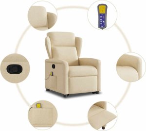 vidaXL Podnoszony fotel masujący, rozkładany, kremowy, obity tkaniną 10