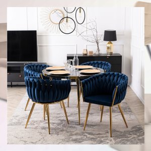 Krzesło Tapicerowane Welur Glamour CAPI Plecione Granatowe Salon Jadalnia 2