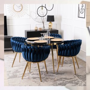 Krzesło Tapicerowane Welur Glamour CAPI Plecione Granatowe Salon Jadalnia 3