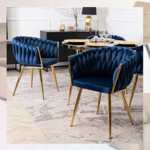 Krzesło Tapicerowane Welur Glamour CAPI Plecione Granatowe Salon Jadalnia 4