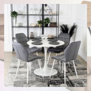 SpringosZestaw 6x Krzesło Tapicerowane Welur Do Jadalni Salonu Szare Białe LUCKY 3