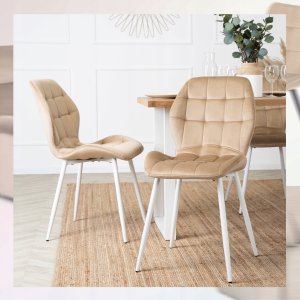 Krzesło Tapicerowane Welurowe Beż LUCKY Kuchenne Do Jadalni Kuchni Salonu 3