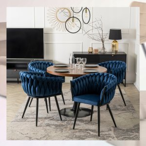 ModernHome Krzesło Tapicerowane Welur Glamour ELENA Plecione Granatowe Salon Jadalnia 2