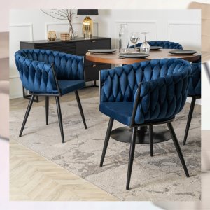 ModernHome Krzesło Tapicerowane Welur Glamour ELENA Plecione Granatowe Salon Jadalnia 4