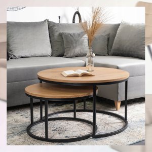 Stolik Kawowy Okrągły Loft Ława Do Salonu Zestaw 2w1 DELIA MAX Dąb Czarny 2