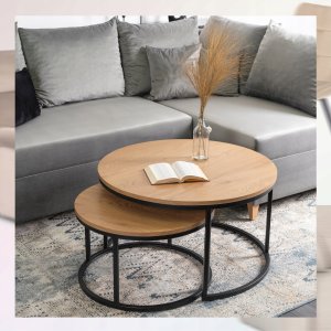 Stolik Kawowy Okrągły Loft Ława Do Salonu Zestaw 2w1 DELIA MAX Dąb Czarny 3