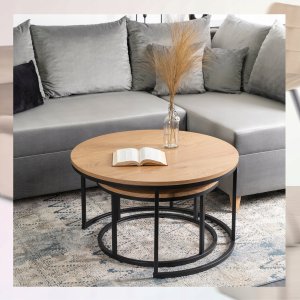 Stolik Kawowy Okrągły Loft Ława Do Salonu Zestaw 2w1 DELIA MAX Dąb Czarny 4