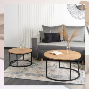 Stolik Kawowy Okrągły Loft Ława Do Salonu Zestaw 2w1 DELIA MAX Dąb Czarny 5