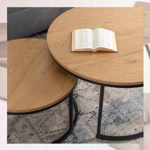 Stolik Kawowy Okrągły Loft Ława Do Salonu Zestaw 2w1 DELIA MAX Dąb Czarny 6