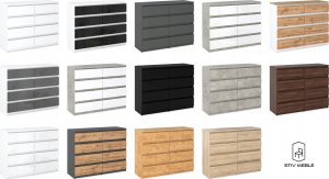 Duża Komoda Biała z Szufladami Czarny Połysk 120 CM Szafka Z Szufladami Rtv 7