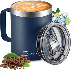 Kubek termiczny 420ml z uchwytem pokrywką na kawę herbatę stalowy zimne i ciepłe napoje Alogy Szary 1