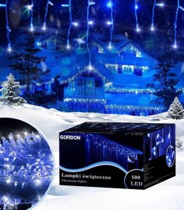 LAMPKI ZEWNĘTRZNE SOPLE 500 LED NIEBIESKIE 20M EFEKT FLASH KURTYNA GIRLANDA OŚWIETLENIE ŚWIĄTECZNE 1