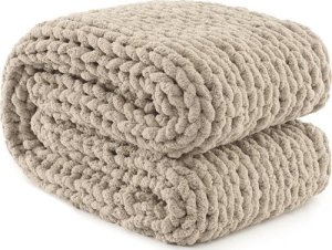 KOC Z DZIANINY 120 X 120 BEŻOWY NARZUTA SZENILOWA PLECIONA MIĘKKA GRUBA OZDOBNA STYLOWA NA SOFĘ ŁÓŻKO FOTEL 2