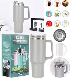 KUBEK TERMICZNY TERMOS ZE SŁOMKĄ SZARY STAL NIERDZEWNA UCHWYT NA CIEPŁE ZIMNE NAPOJE RURKA DUŻY XXL 1200 ML 1
