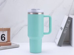 KUBEK TERMICZNY TERMOS ZE SŁOMKĄ TURKUSOWY STAL NIERDZEWNA UCHWYT NA CIEPŁE ZIMNE NAPOJE RURKA DUŻY XXL 1200 ML 5