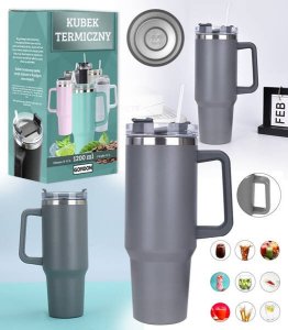 KUBEK TERMICZNY TERMOS ZE SŁOMKĄ CIEMNOSZARY STAL NIERDZEWNA UCHWYT NA CIEPŁE ZIMNE NAPOJE RURKA DUŻY XXL 1200 ML 1