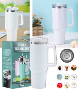 KUBEK TERMICZNY TERMOS ZE SŁOMKĄ BIAŁY STAL NIERDZEWNA UCHWYT NA CIEPŁE ZIMNE NAPOJE RURKA DUŻY XXL 1200 ML 1