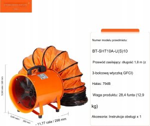 Vevor Przenośny Przemysłowy Wentylator Wyciągowy 254 mm Wąż 10 m 2