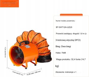 Vevor Przenośny Przemysłowy Wentylator Wyciągowy 304 mm Wąż 5 m 2