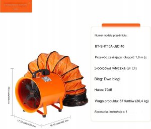 Vevor Przenośny Przemysłowy Wentylator Wyciągowy 406 mm Wąż 10 m 2