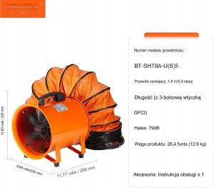 Vevor Przenośny Przemysłowy Wentylator Wyciągowy 203 mm Wąż 5 m 2