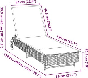 Leżak na kółkach, z poduszką, szary, polirattan 12