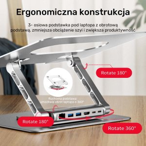 Unitek Podstawka pod laptop z odłączanym hubem USB-C HDMI 1,4, 4K PD 100W 7