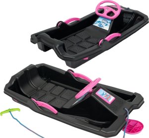 SANKI PLASTIKOWE Z HAMULCEM I KIEROWNICĄ ADAŚ 84x43x25CM CZARNE Z RÓŻOWYM 1