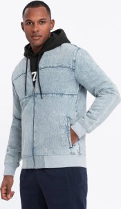 Kurtka męska jeansowa bomberka z efektem stone wash  jasnoniebieska V3 OM-JADJ-0163 S 1