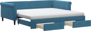 Sofa rozsuwana z szufladami, niebieska, 100x200 cm, aksamit 1