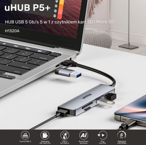 HUB USB Unitek uHUB P5+ 1x SD 1x microSD  + 3x USB-A 2.0 (H1320AGY01) 4