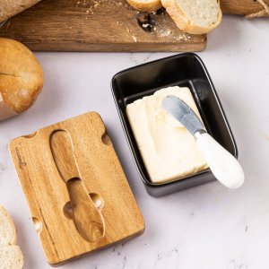 PORCELANOWA MASELNICZKA Z NOŻYKIEM POKRYWKA AKACJA KLAUSBERG KB-7784 CZARNA 12