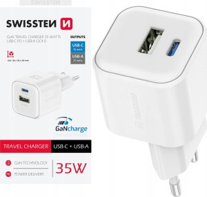SWISSTEN Adapter sieciowy GaN 35W, 2-portowy, USB-A + USB-C, Smart IC 1