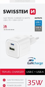 SWISSTEN Adapter sieciowy GaN 35W, 2-portowy, USB-A + USB-C, Smart IC 4