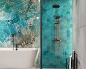 Shower system INVENA MOONLIGHT: rain and hand shower, mixer, black with gold details 6