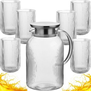 Dzbanek szklany 1.5 litra w zestawie z 6 szklankami 430 ml ze stalową pokrywką z uszczelką Florina Dafne 1