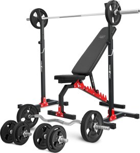 Zestaw MH7_110KG_KIER_G | Ławka dwustronna + stojaki regulowane + zestaw gryfów i obciążeń gumowanych - Marbo Sport 1