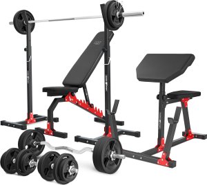 Zestaw MH9_151KG_KIER_G | Ławka dwustronna + stojaki regulowane + ławka scotta + zestaw gryfów i obciążeń gumowanych - Marbo Sport 1