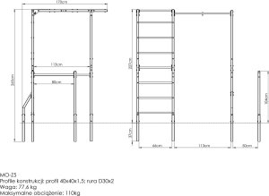 Marbo Sport Drabinka zewnętrzna + drążek do podciągania z uchwytem na worek + poręcze do dipów (długie) MO-Z5 - 8