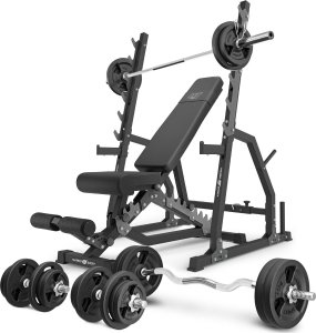 Zestaw MS3_2.0_113KG | Ławka dwustronna + stojaki bramowe z asekuracją  + zestaw gryfów i obciążeń 113 kg - Marbo Sport 1