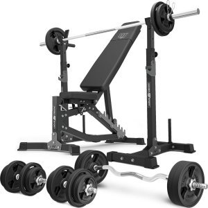 Zestaw MS30_2.0_113KG_G | Dwustronnie regulowana ławka treningowa + wielopoziomowe stojaki (2 sztuki) pod sztangę z asekuracją  + zestaw gryfów i obciążeń gumowanych 113 kg - Marbo Sport 1