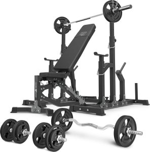 Zestaw MS11_2.0_83KG_G | dwustronnie regulowana ławka treningowa + stojaki regulowane + zestaw gryfów i obciążeń gumowanych 83 kg - Marbo Sport 1