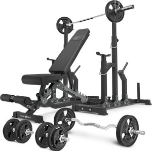 Zestaw MS2_2.0_83KG_G | Ławka dwustronna + stojaki regulowane + zestaw gryfów i obciążeń gumowanych 83 kg- Marbo Sport 1