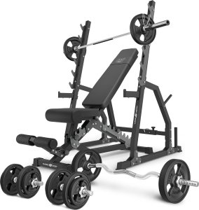 Zestaw MS3_2.0_83KG_G | Ławka dwustronna + stojaki bramowe z asekuracją  + zestaw gryfów i obciążeń gumowanych 83 kg - Marbo Sport 1