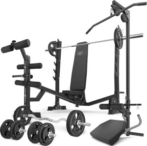 Zestaw MS41_2.0_83KG_G | Regulowana ławka ze stojakami i skosem ujemnym + modlitewnik + prasa + wyciąg + zestaw gryfów i obciążeń gumowanych 83 kg - Marbo Sport 1
