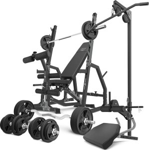 Zestaw MS36_2.0_113KG_G | Dwustronnie regulowana ławka treningowa + stojaki bramowe + modlitewnik + prasa + wyciąg + zestaw gryfów i obciążeń gumowanych 113 kg - Marbo Sport 1