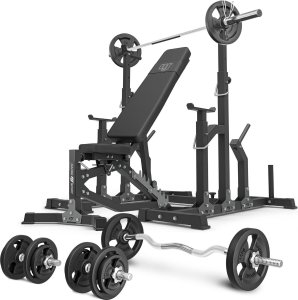 Zestaw MS11_2.0_83KG | dwustronnie regulowana ławka treningowa + stojaki regulowane + zestaw gryfów i obciążeń 83 kg - Marbo Sport 1